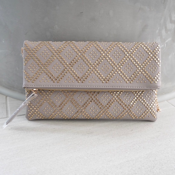Style Link Miami Handbags - Taupe Gold Studded Clutch